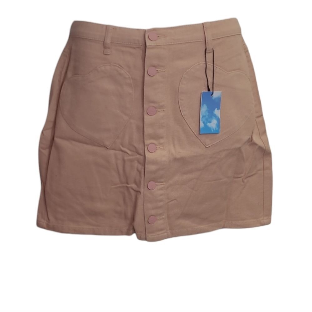New Cider Pink Heart Pocket Front Button Denim Mini Skirt M — image 2 of 8